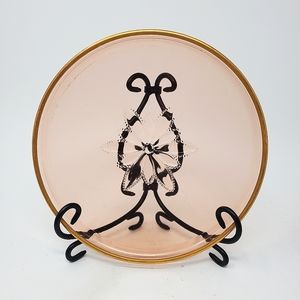 VTG Diamond Glass Company Pink Depression Glass Gold Rim Tray w Flower Embossing